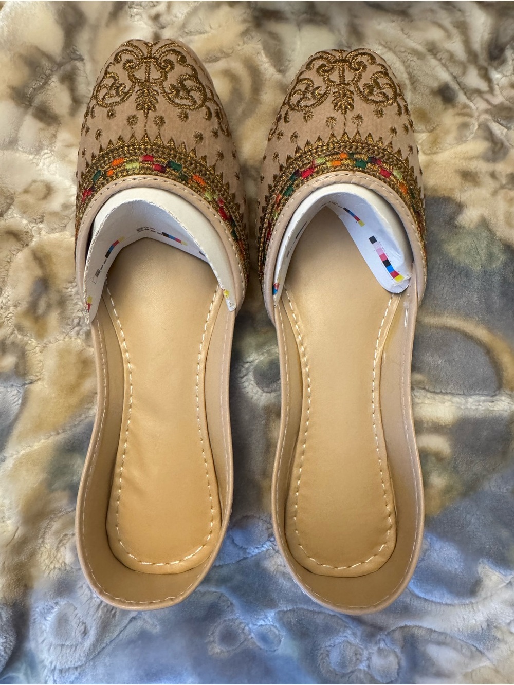 Embroidered Beige Slip-On Women’s Flats